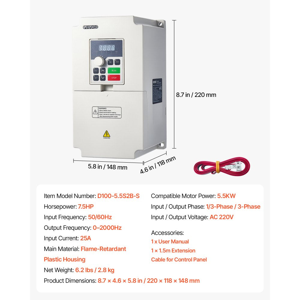 VEVOR 7.5HP 5.5KW 25A VFD, Single/3-Phase 220V Input to 3-Phase 220V Output, 0–2000Hz Variable Frequency Drive, Built-in PID for Constant Pressure Water Supply, Precision Motor Speed Control
