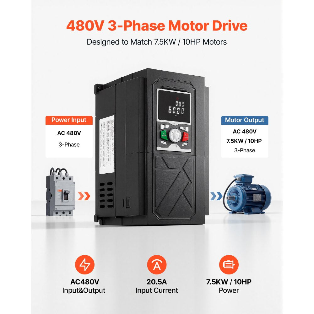 VEVOR 10HP 7.5KW 20.5A Variable Frequency Drive, 3-Phase AC480V Input/Output, 3 Phase to 3 Phase, 0–500Hz Output VFD, V/F SVC Control Modes for Precision Motor Speed Control