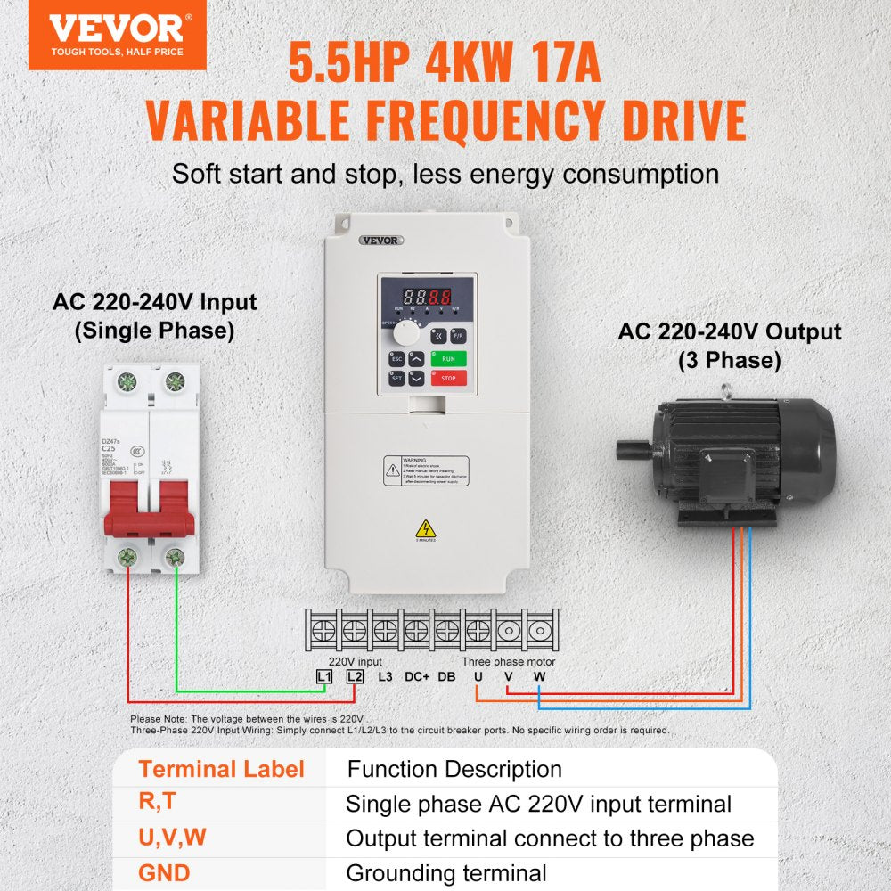 VEVOR Variable Frequency Drive, AC 220V Input 4KW Variable Frequency CNC Drive Inverter Converter, VFD 5.5HP 1 or 3 Phase Input, 3 Phase Output, CNC Motor Inverter Converter for Motor Speed Control