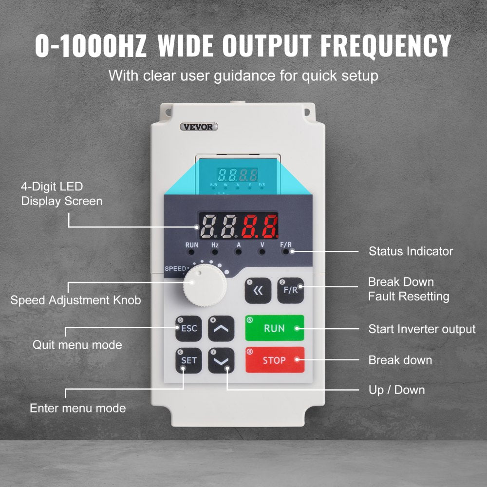 VEVOR Variable Frequency Drive, AC 220V Input 4KW Variable Frequency CNC Drive Inverter Converter, VFD 5.5HP 1 or 3 Phase Input, 3 Phase Output, CNC Motor Inverter Converter for Motor Speed Control
