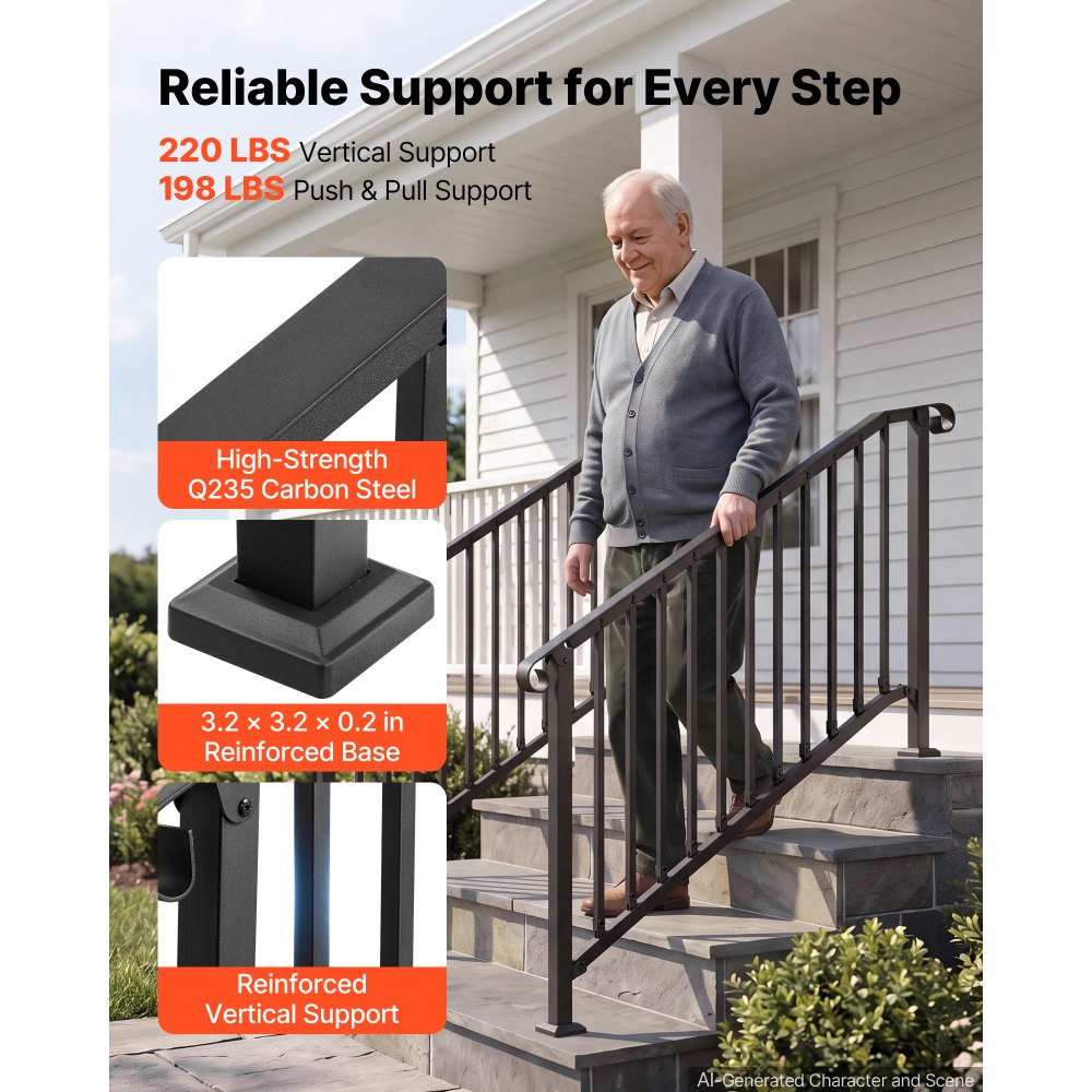 VEVOR Handrails for Outdoor Steps, 3-4 Step 2 Pack Stair Hand Rail Kit, Black Retro Arch Stair Rails for Seniors, Concrete Steps & Porch & Deck, Heavy-Duty Steel Railings with Installation Kit