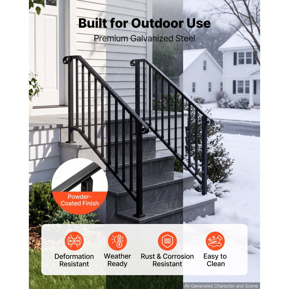 VEVOR Handrails for Outdoor Steps, 3-4 Step 2 Pack Stair Hand Rail Kit, Black Retro Arch Stair Rails for Seniors, Concrete Steps & Porch & Deck, Heavy-Duty Steel Railings with Installation Kit