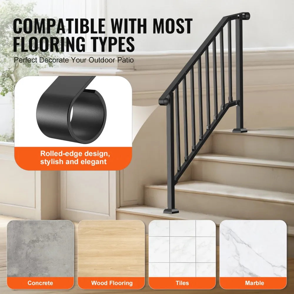 VEVOR Handrails for Outdoor Steps, 3-4 Step Stair Hand Rail Kit, Transitional Iron Railings with Installation Kit, Stair Rails for Seniors, Concrete Steps & Porch & Deck, Black Retro Arch