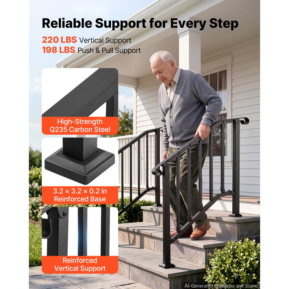 VEVOR Handrails for Outdoor Steps, 2-3 Step 2 Pack Stair Hand Rail Kit, Black Retro Arch Stair Rails for Seniors, Concrete Steps & Porch & Deck, Heavy-Duty Steel Railings with Installation Kit