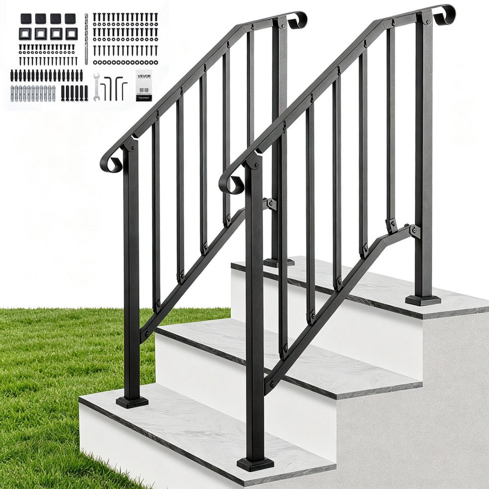 VEVOR Handrails for Outdoor Steps, 2-3 Step 2 Pack Stair Hand Rail Kit, Black Retro Arch Stair Rails for Seniors, Concrete Steps & Porch & Deck, Heavy-Duty Steel Railings with Installation Kit