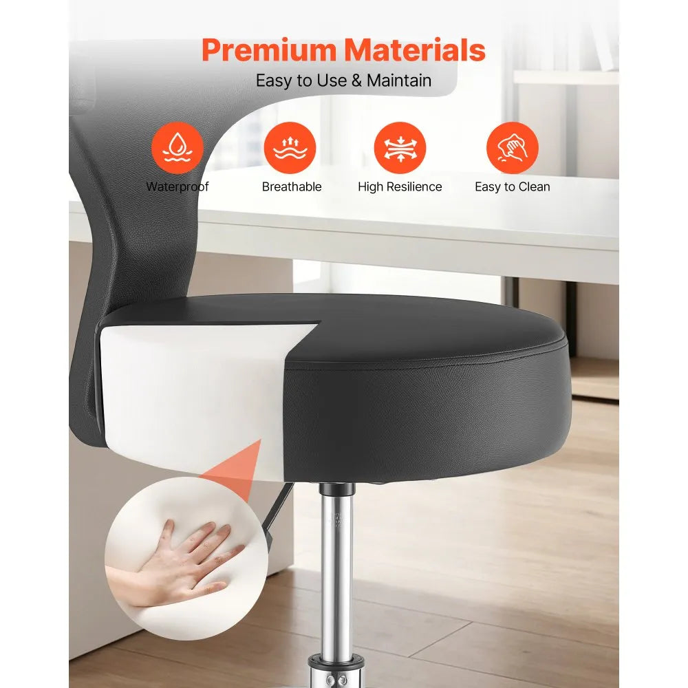 VEVOR Rolling Stool with Back Support, 500 lbs Weight Capacity, Height Adjustable, Thick Cushion Ergonomic PU Leather Seat, 360° Swivel Round Rolling Stool Chair for Dental, Salon, Clinic, Black