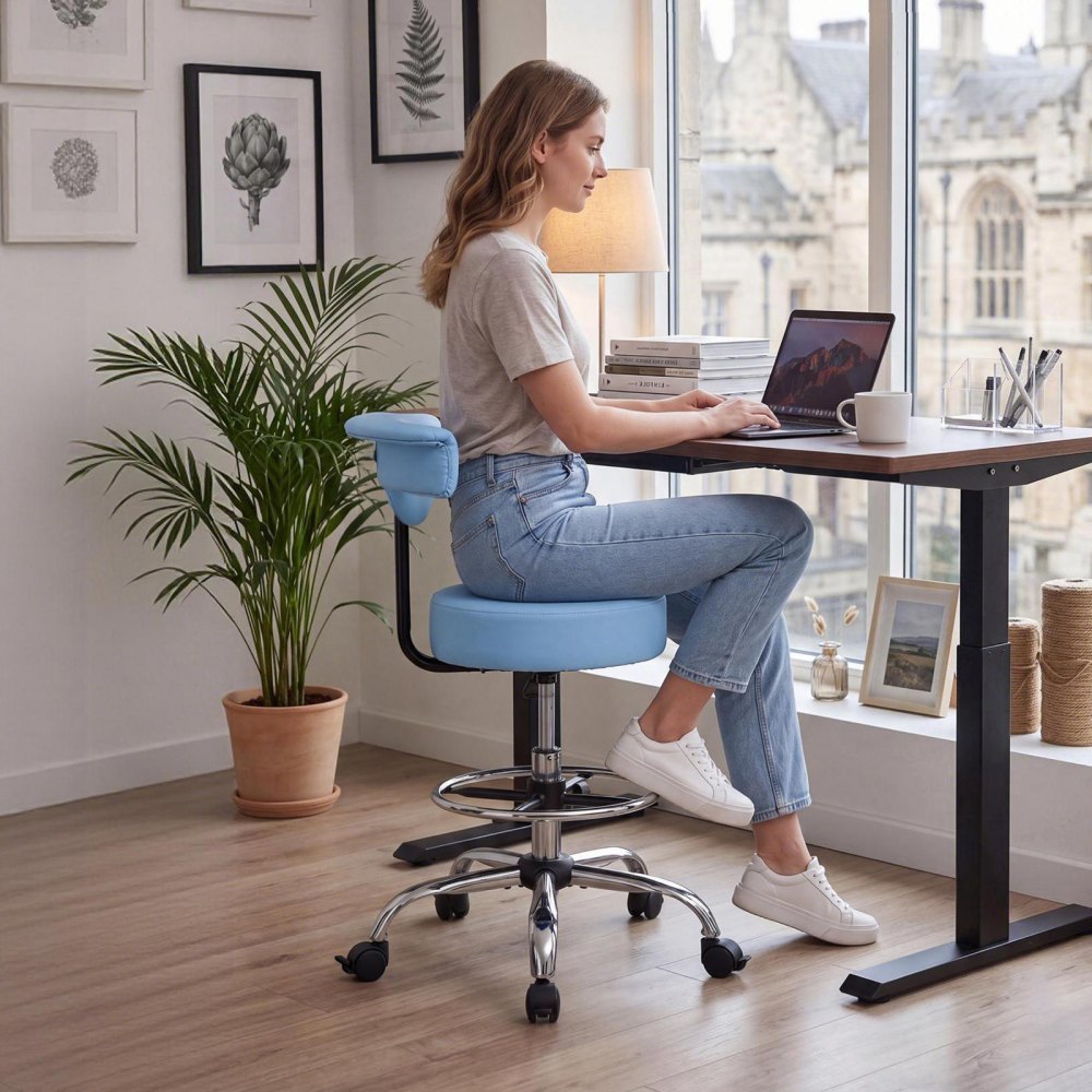 VEVOR Rolling Stool with Back Support, 500 lbs Weight Capacity, Height Adjustable, Thick Cushion Ergonomic PU Leather Seat, 360° Swivel Round Rolling Stool Chair for Dental, Salon, Clinic, Blue