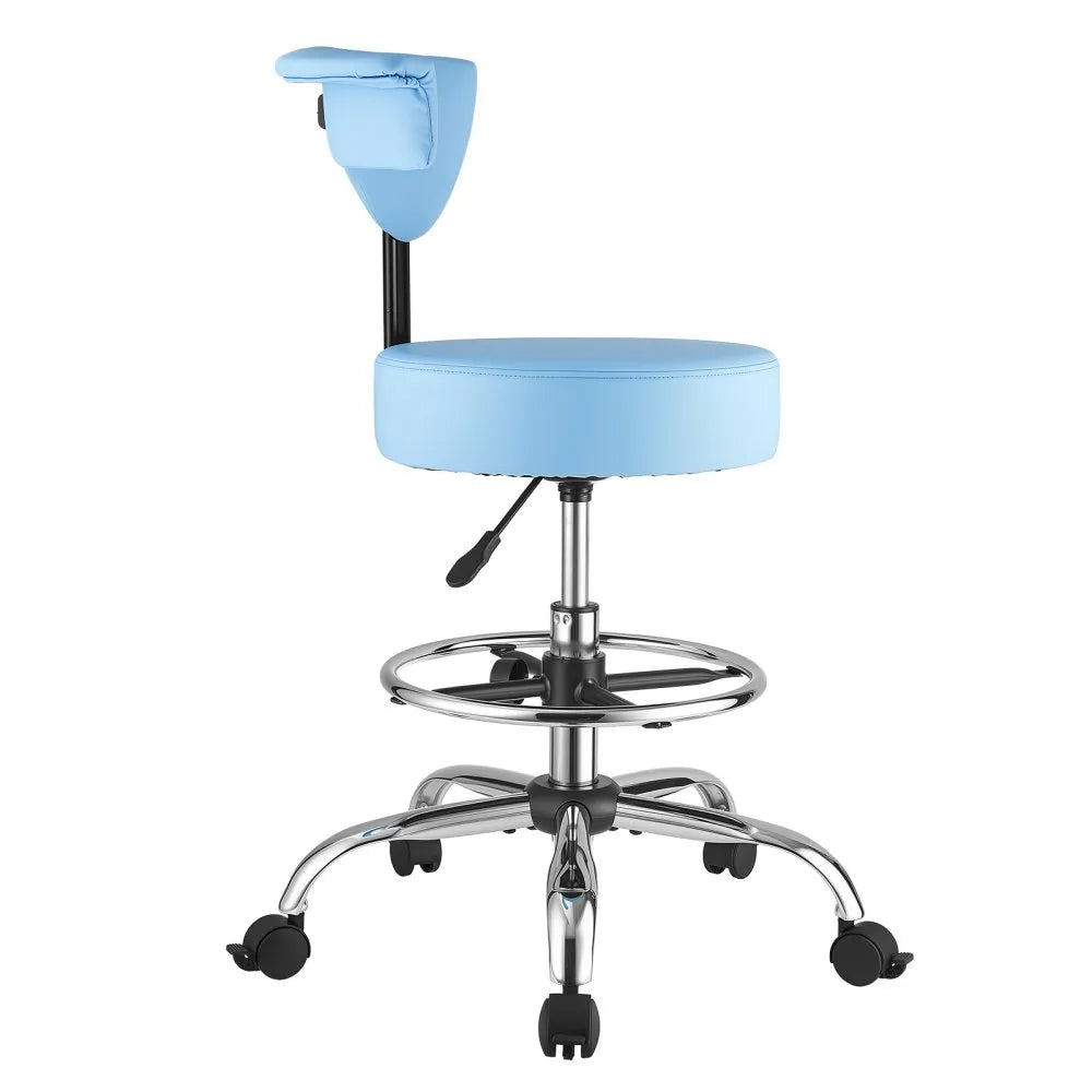 VEVOR Rolling Stool with Back Support, 500 lbs Weight Capacity, Height Adjustable, Thick Cushion Ergonomic PU Leather Seat, 360° Swivel Round Rolling Stool Chair for Dental, Salon, Clinic, Blue