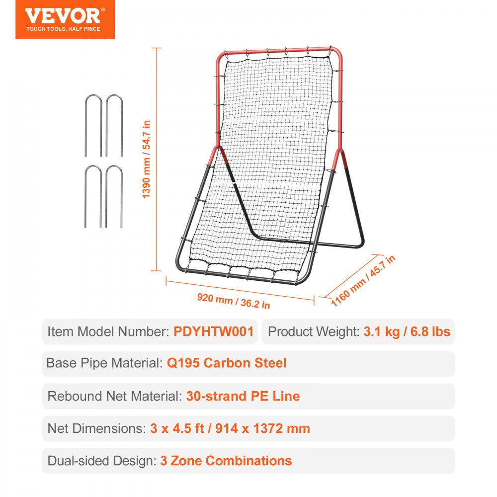 VEVOR Baseball And Softball Rebounder Net, 3 x 4.5 ft PitchBack Baseball Pitching Nest, 3-Way Baseball, Softball Pitchback Net, Fielding Trainer, Bounce Back Net for Fielding/Throwing Practice