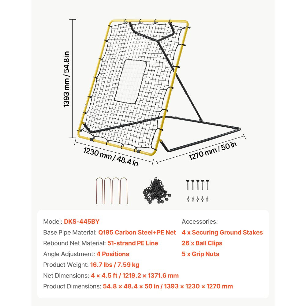 VEVOR Baseball Softball Rebounder Net 4 x 4.5 ft Pitch Back Trainer Target, 4 Adjustable Angles with Strike Zone, Steel Frame, Bounce Back Net for Pitching & Fielding Training, Return Practice