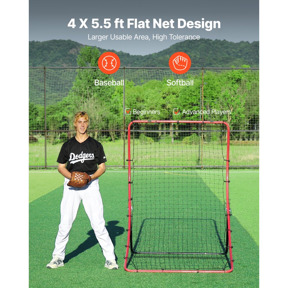 VEVOR Baseball Softball Rebounder Net 4 x 5.5 ft Pitch Back Trainer, 5 Adjustable Angles, Heavy-duty Steel Frame, All Angle Bounce Back Net for Pitching & Fielding Training Aid, Return Practice
