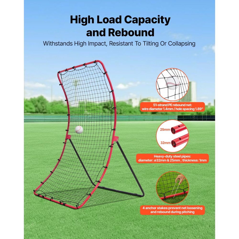 VEVOR Baseball Softball Rebounder Net 4 x 5.5 ft Pitch Back Trainer, 5 Adjustable Angles, Heavy-duty Steel Frame, All Angle Bounce Back Net for Pitching & Fielding Training Aid, Return Practice