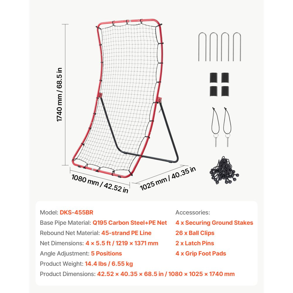 VEVOR Baseball Softball Rebounder Net 4 x 5.5 ft Pitch Back Trainer, 5 Adjustable Angles, Heavy-duty Steel Frame, All Angle Bounce Back Net for Pitching & Fielding Training Aid, Return Practice