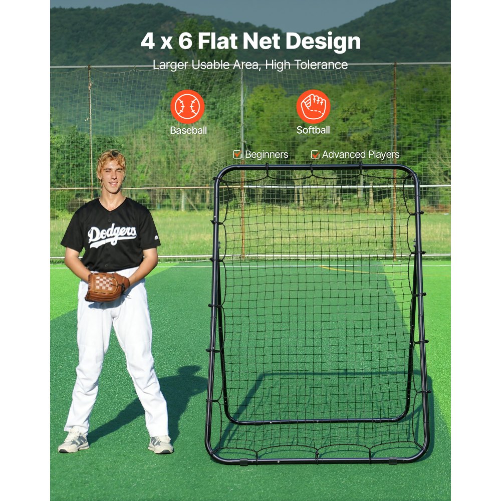 VEVOR Baseball Softball Rebounder Net 4 x 6 ft Pitch Back Trainer Target, 5 Adjustable Angles with Strike Zone, Steel Frame, Bounce Back Net for Pitching & Fielding Training, Return Practice