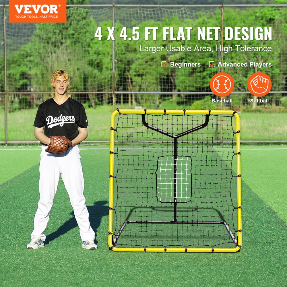 VEVOR Baseball And Softball Rebounder Net, 4 x 4.5 Feet PitchBack Baseball Nest for Pitching and Fielding Training, Pitch Return Trainer Rebound Net with Pitching Target, 4 Adjustable Angles