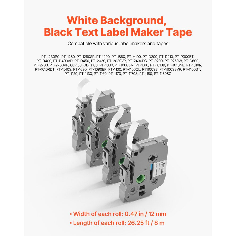 VEVOR Label Maker Tape, 4 Pack, 0.47 in / 12 mm Black on White Label Maker Refills Compatible for Various Types of Brother P-Touch Labelers, Durable & Long-lasting, Replacement for Letra Tag TZe-231