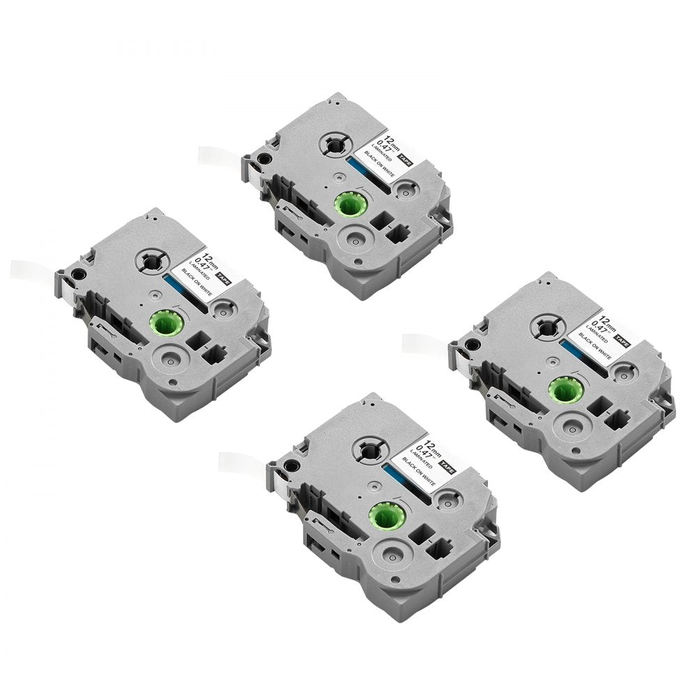 VEVOR Label Maker Tape, 4 Pack, 0.47 in / 12 mm Black on White Label Maker Refills Compatible for Various Types of Brother P-Touch Labelers, Durable & Long-lasting, Replacement for Letra Tag TZe-231