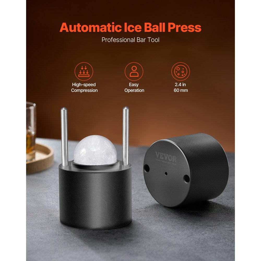 VEVOR Ice Ball Press Kit, Aviation Aluminum Ice Press with Ice Block Mold, Large Mat, Tong, Drip Tray, One Glass, Round Ice Ball Maker 2.4"/60 mm Ice Sphere, for Whiskey, Cocktail on Party & Holiday