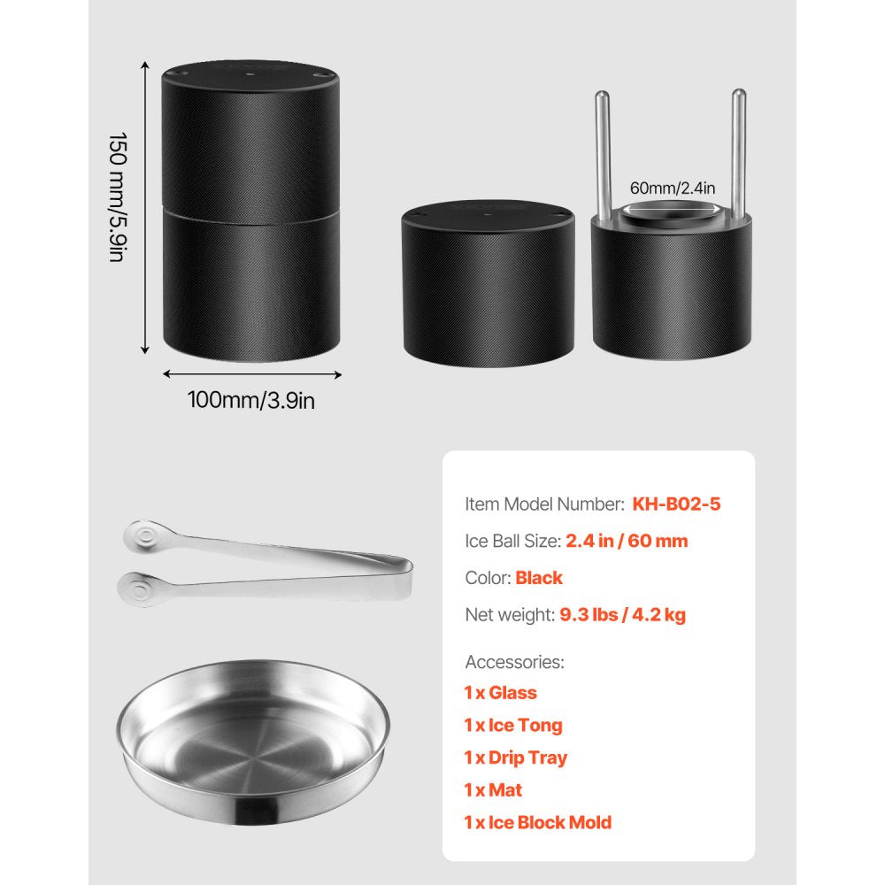 VEVOR Ice Ball Press Kit, Aviation Aluminum Ice Press with Ice Block Mold, Large Mat, Tong, Drip Tray, One Glass, Round Ice Ball Maker 2.4"/60 mm Ice Sphere, for Whiskey, Cocktail on Party & Holiday