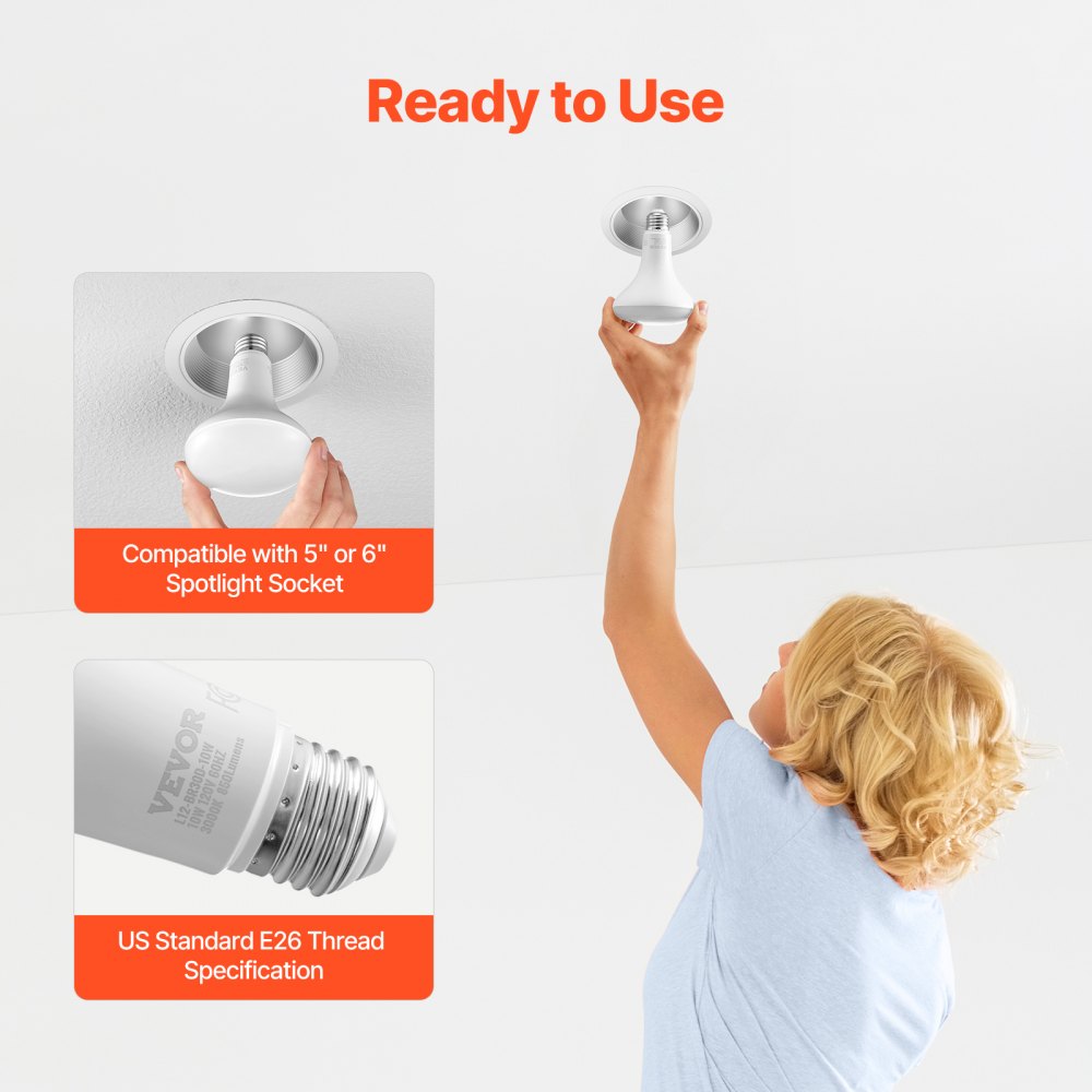 VEVOR BR30 Flood Light Bulb, 12 Pack LED Indoor Flood Lights, 850 Lumens LED Flood Light Bulbs, E26 Standard Base, 3000K Warm Light, 15,000 Hour Lifetime, Stepless Dimmable Recessed Can Light Bulbs
