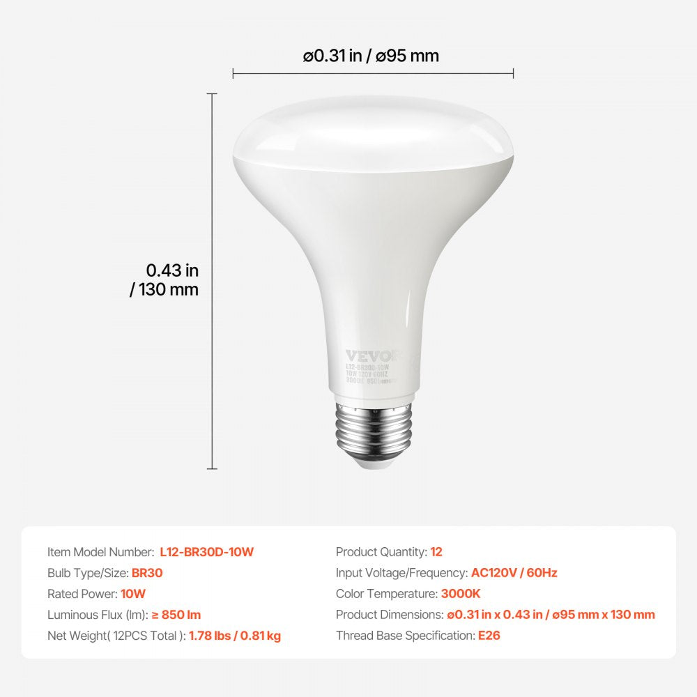 VEVOR BR30 Flood Light Bulb, 12 Pack LED Indoor Flood Lights, 850 Lumens LED Flood Light Bulbs, E26 Standard Base, 3000K Warm Light, 15,000 Hour Lifetime, Stepless Dimmable Recessed Can Light Bulbs