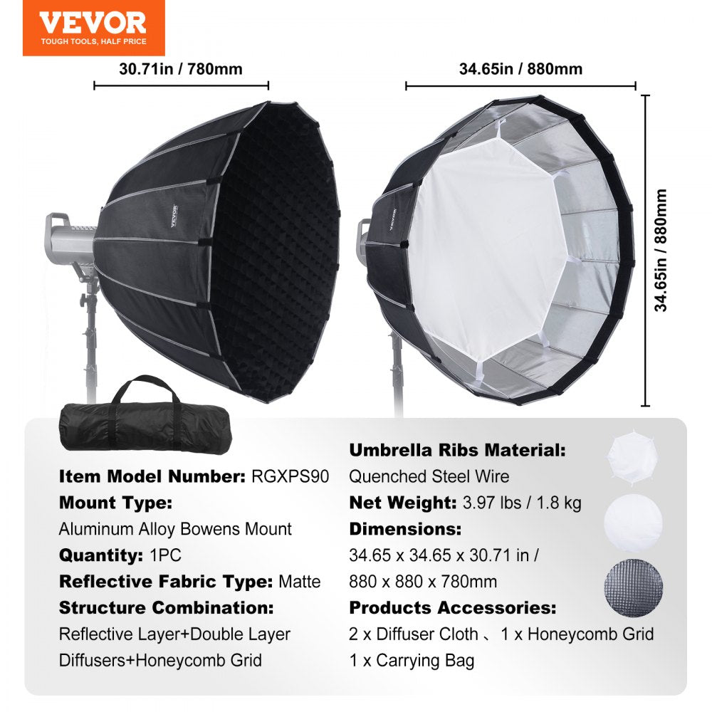 VEVOR Parabolic Softbox, 33 in / 850 mm, Quick Release and Quick Fold, Lightweight and Portable, Universal Bowens Mount, 4 Lighting Effects, Fits for Professionoal Photography, Daily Filming