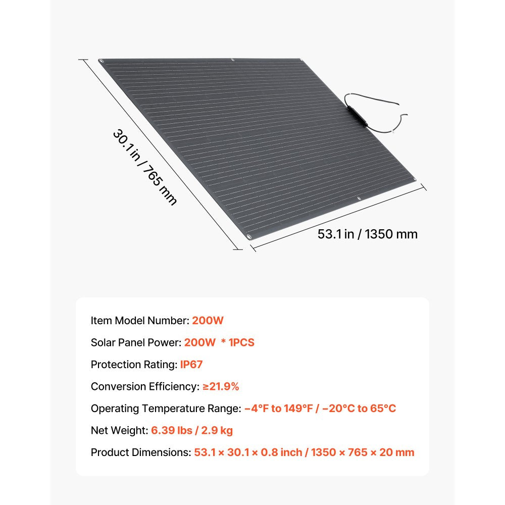 VEVOR Flexible Solar Panel, 200W Semi-Flexible Bendable Monocrystalline Solar Panel, 21.9% Efficiency Mono Off-Grid Charger with MC4 Output, IP67 Waterproof for Marine RV Car Cabin Curved Surfaces