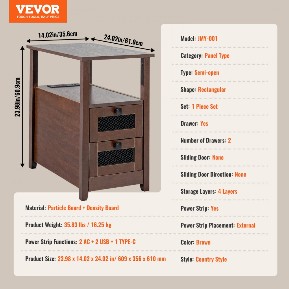 VEVOR Farmhouse End Table, Nightstand with Charging Station, 4 Tiers End Table with Storage Cabinet and 2 Drawers, Side Table with USB Ports and Outlets, Ideal for Living Room, Bedroom, Brown