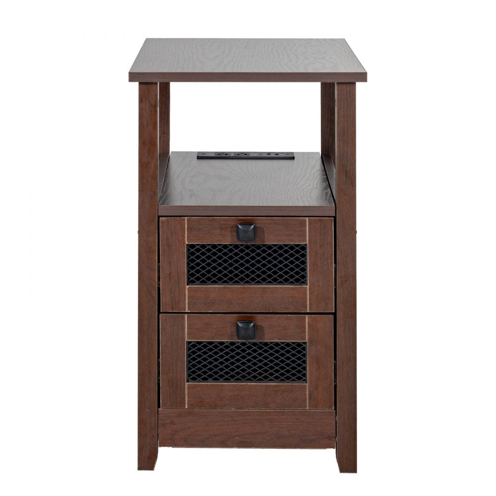 VEVOR Farmhouse End Table, Nightstand with Charging Station, 4 Tiers End Table with Storage Cabinet and 2 Drawers, Side Table with USB Ports and Outlets, Ideal for Living Room, Bedroom, Brown