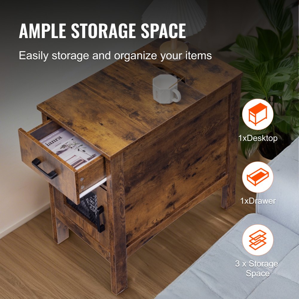 VEVOR Farmhouse End Table, Nightstand with Charging Station, 3 Tiers End Table with Storage Cabinet and 1 Drawer, Side Table with USB Ports and Outlets, Ideal for Living Room, Bedroom, Burlywood