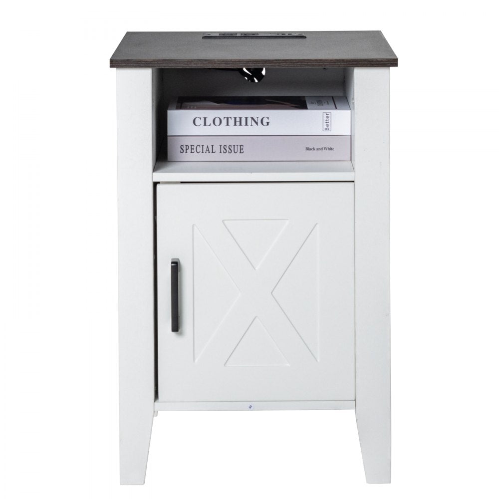 VEVOR Farmhouse End Table Set of 2, Nightstand with Charging Station, 3 Tiers Side Table with Storage Cabinet, End Table with USB Ports and Outlets, Ideal for Living Room, Bedroom, Office, White