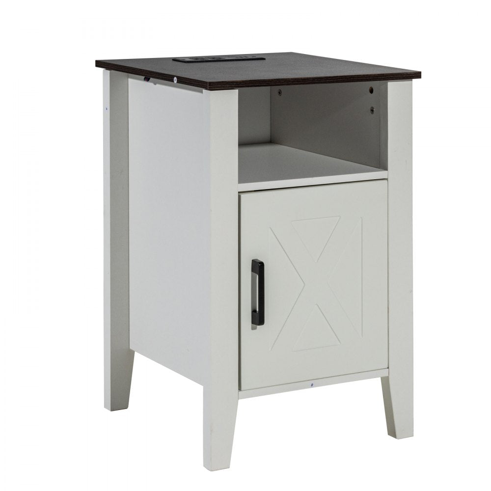 VEVOR Farmhouse End Table Set of 2, Nightstand with Charging Station, 3 Tiers Side Table with Storage Cabinet, End Table with USB Ports and Outlets, Ideal for Living Room, Bedroom, Office, White