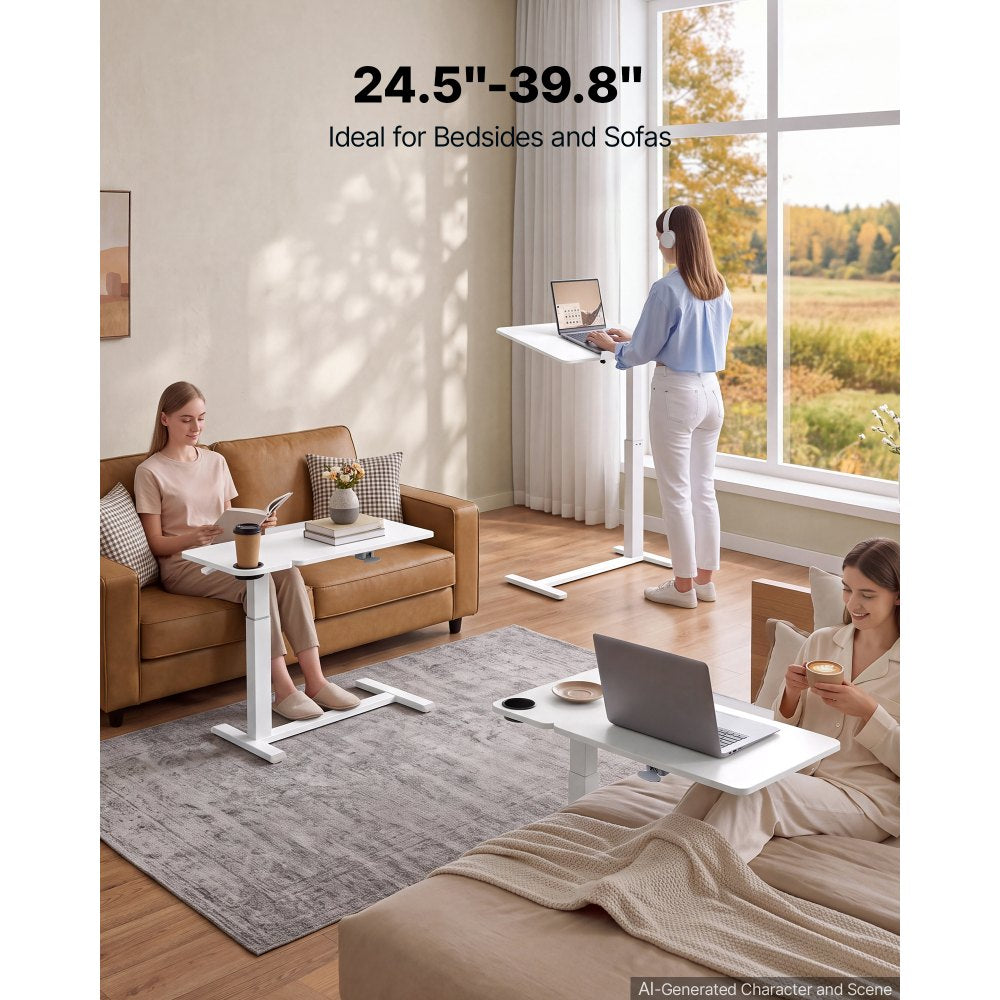 VEVOR Overbed Table 31.5"W x 15.7"D Mobile Bedside Table with Wheels White, for Home Office Bed Couch, Height Adjustable Rolling Laptop Desk, Portable Standing Cart with Tilting Desktop & Cup Holder