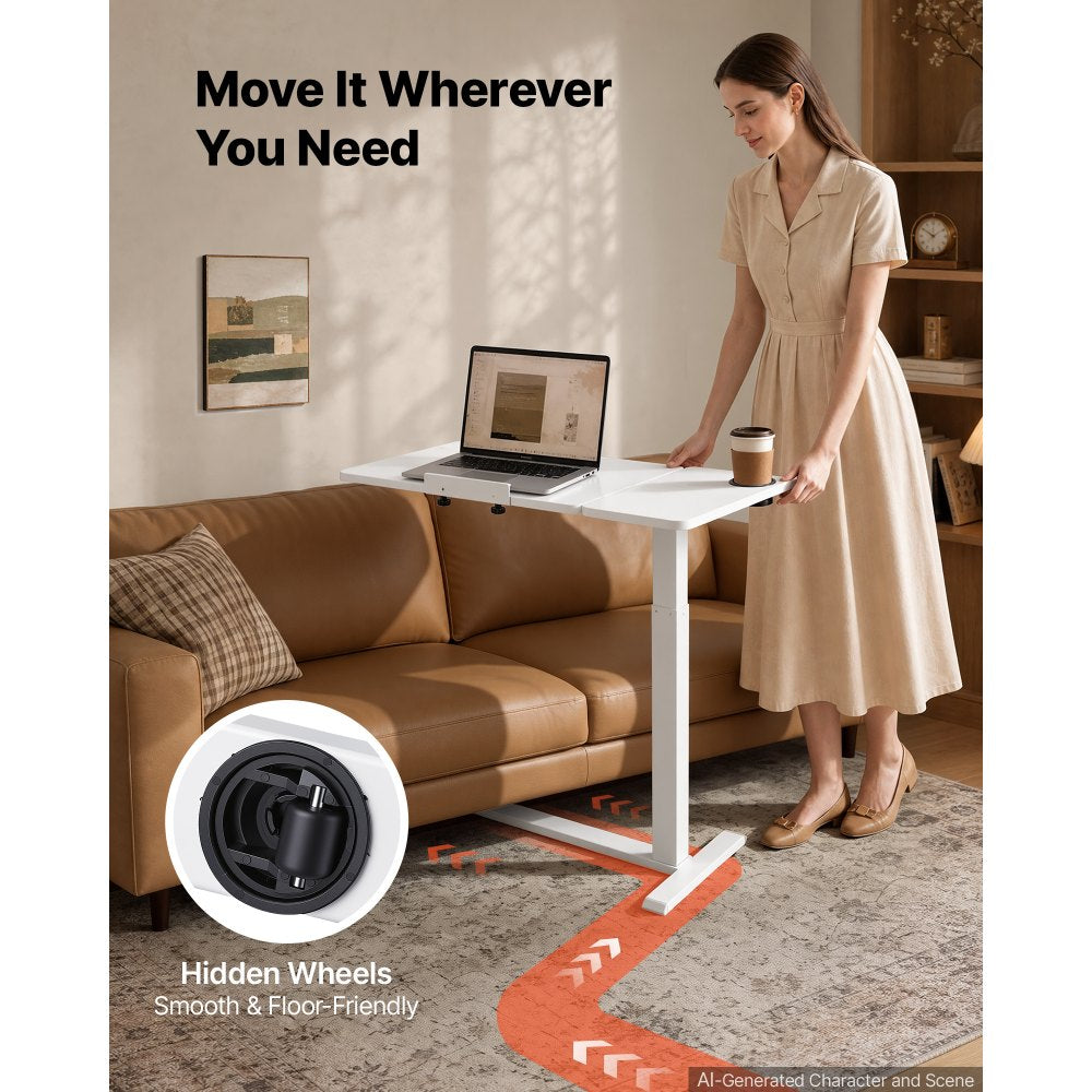 VEVOR Overbed Table 31.5"W x 15.7"D Mobile Bedside Table with Wheels White, for Home Office Bed Couch, Height Adjustable Rolling Laptop Desk, Portable Standing Cart with Tilting Desktop & Cup Holder