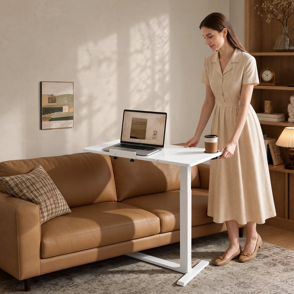 VEVOR Overbed Table 31.5"W x 15.7"D Mobile Bedside Table with Wheels White, for Home Office Bed Couch, Height Adjustable Rolling Laptop Desk, Portable Standing Cart with Tilting Desktop & Cup Holder