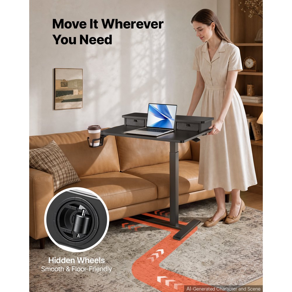 VEVOR Overbed Table 27.6"W x 19.7"D Mobile Bedside Table with Hidden Wheels, for Home Office Bed Couch, Height Adjustable Rolling Laptop Desk, Standing Cart with 2-Layer Top, Drawer, Cup Holder, Black