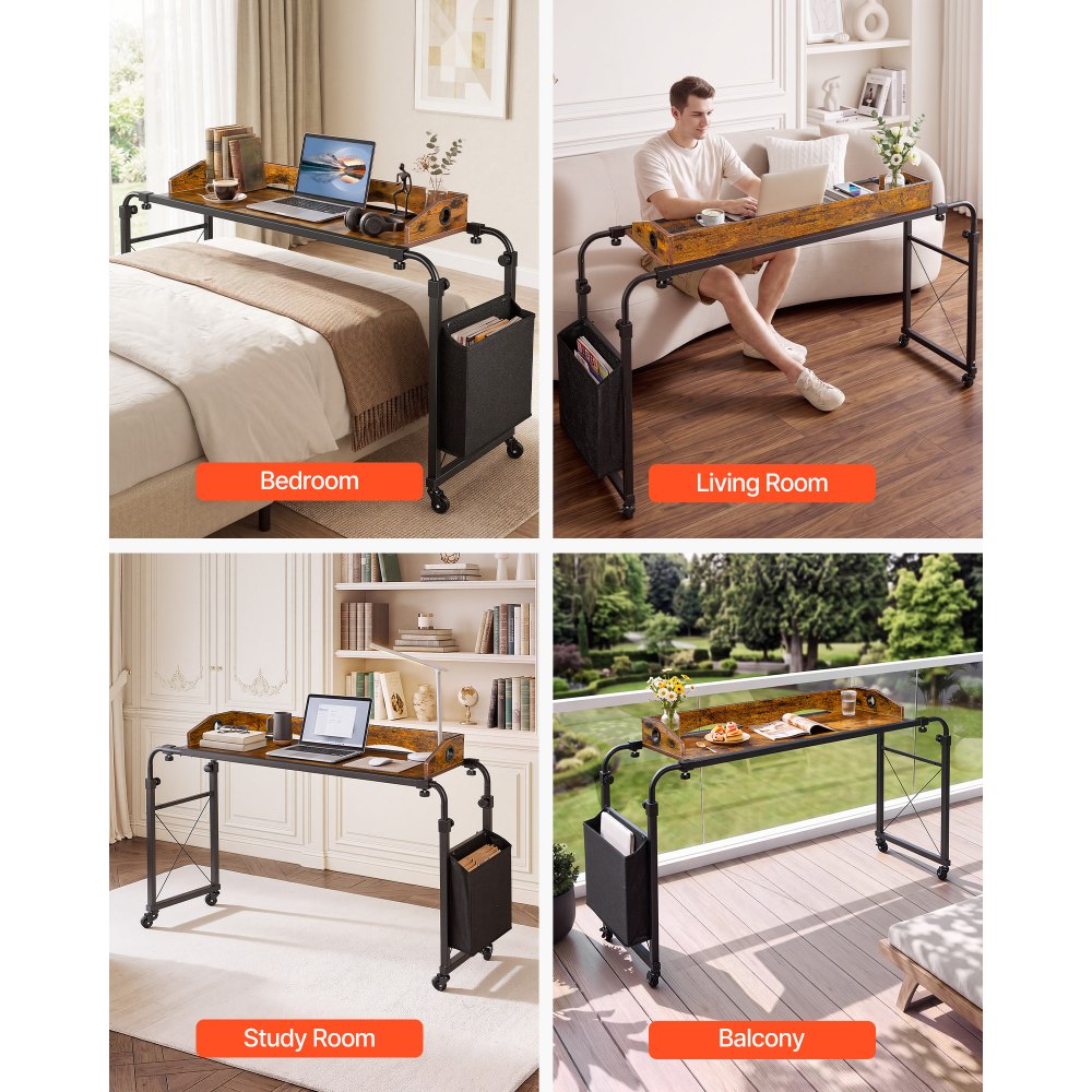 VEVOR Overbed Table 41.7"W x 14.2"D Mobile Bed Desk with Swivel Wheels, for Bedroom Living Room Home Office, Adjustable Height & Length, Rolling Table with Side Storage Pocket & Raised Edge, Brown