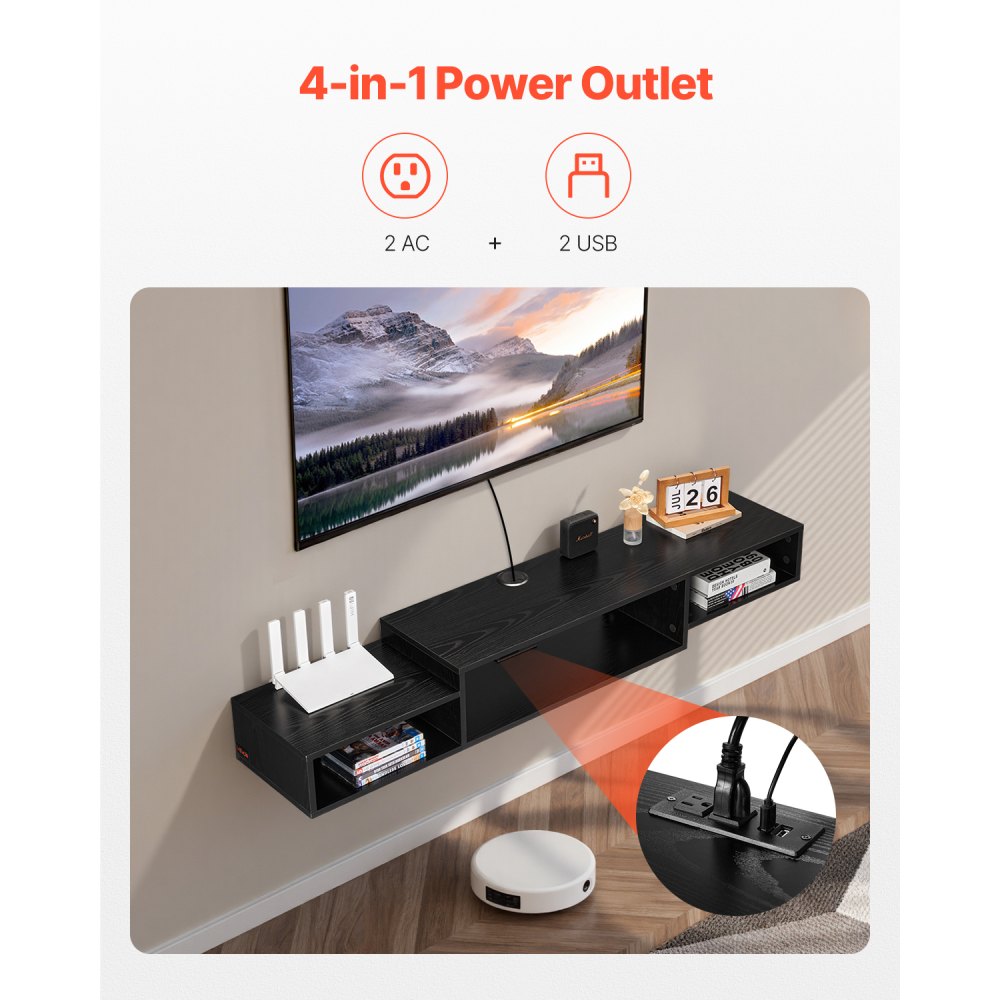 VEVOR Floating TV Stand, 59" Wall Mount Entertainment Center with Power Outlet & Cable Hole, Modern Floating TV Shelf with Storage Cabinet for DVD Player, Cable Box, Game Console, TV Accessory, Black