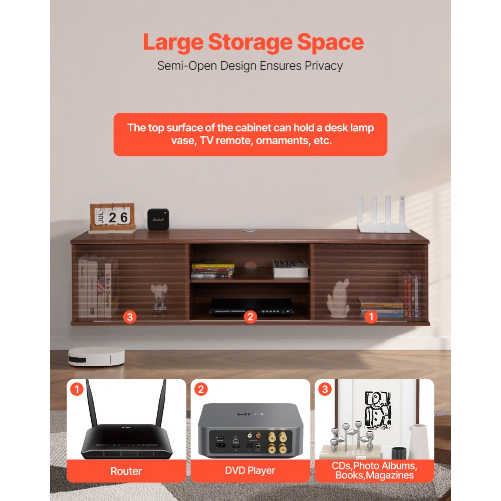 VEVOR Floating TV Stand, 60" Wall Mount Entertainment Center with Adjustable Shelf & Sliding Doors, 2 Tiers Floating TV Shelf with Storage Cabinet for DVD Player, Cable Box, Game Console, Walnut