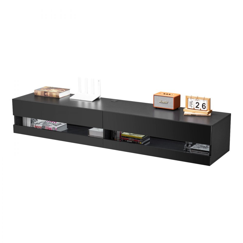 VEVOR Floating TV Stand, 71 in Wall Mount Entertainment Center with Power Outlet & LED Lights, Modern Floating TV Shelf with 2 Drawers & Storage Cabinet for DVD Player, Cable Box, Game Console, Black