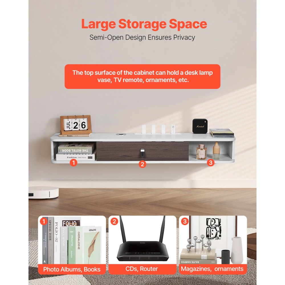 VEVOR Floating TV Stand, 47 in Wall Mount Entertainment Center with Cable Hole, Modern Floating TV Shelf with Storage Cabinet, Particle Board Console for DVD Player, Cable Box, Game Console, White