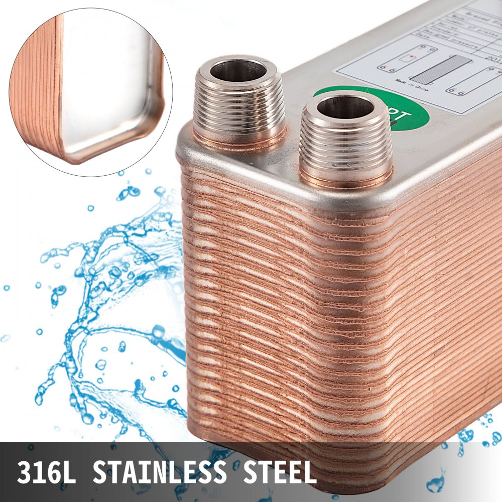 VEVOR Heat Exchanger 3\"x7.5\" 40 Plates Brazed Plate Heat Exchanger 316L 3/4\" MPT Heat Exchanger B3-12A Beer Wort Chiller for Hydronic Heating