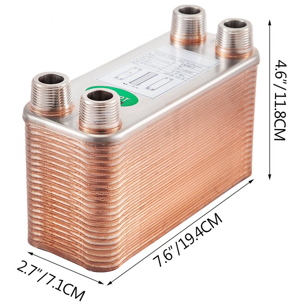 VEVOR Heat Exchanger 3\"x7.5\" 40 Plates Brazed Plate Heat Exchanger 316L 3/4\" MPT Heat Exchanger B3-12A Beer Wort Chiller for Hydronic Heating