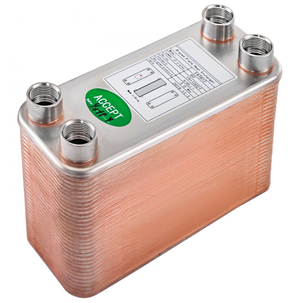 VEVOR Heat Exchanger 3\"x7.5\" 60 Plates Brazed Plate Heat Exchanger 316L 1/2\" BSP FPT Heat Exchanger EATB12 Beer Wort Chiller for Hydronic Heating