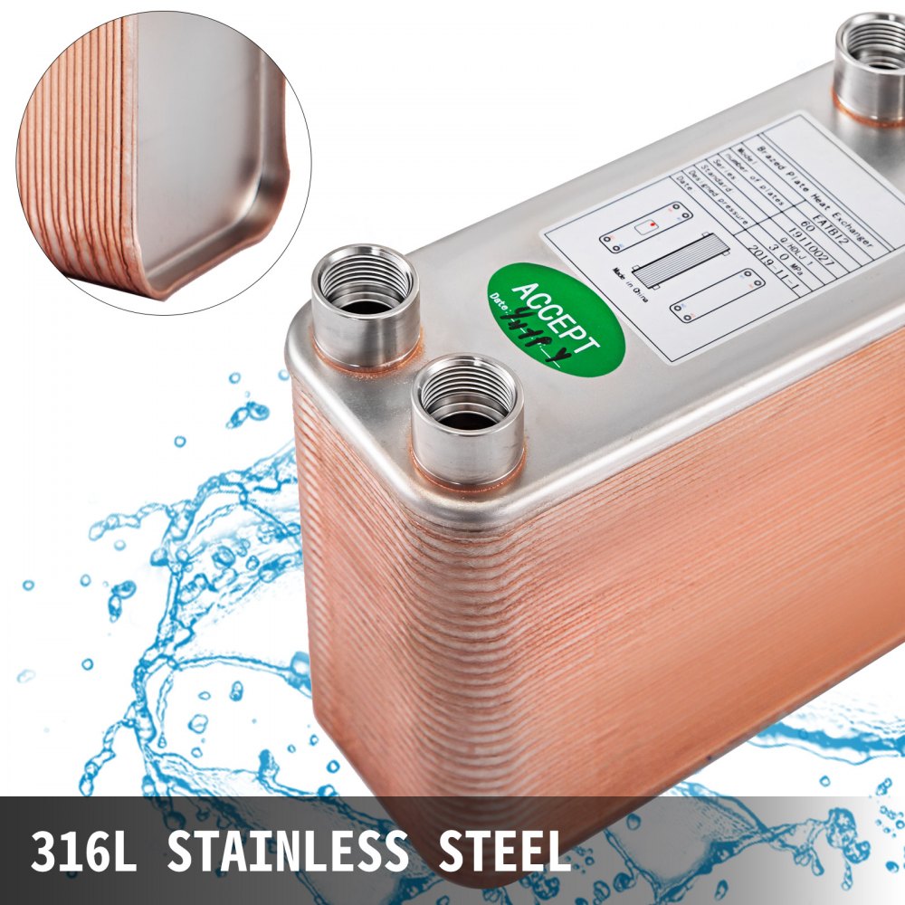 VEVOR Heat Exchanger 3\"x7.5\" 60 Plates Brazed Plate Heat Exchanger 316L 1/2\" BSP FPT Heat Exchanger EATB12 Beer Wort Chiller for Hydronic Heating
