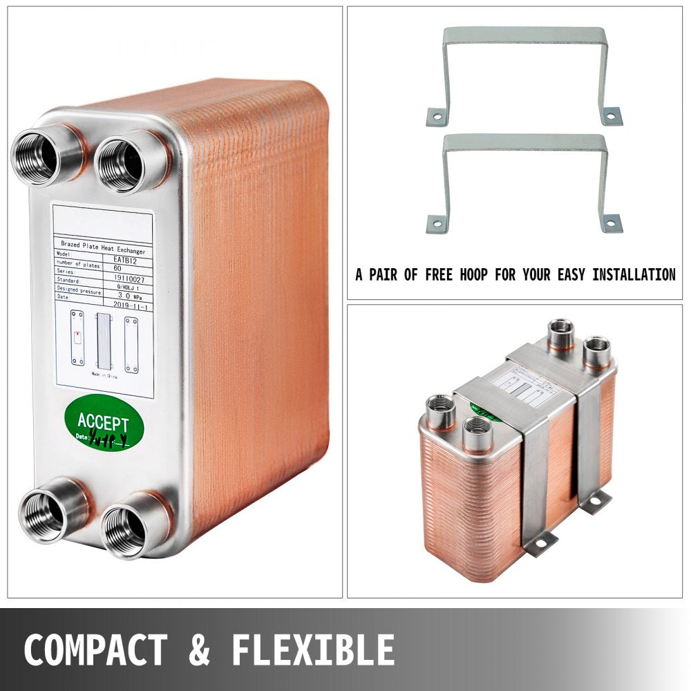 VEVOR Heat Exchanger 3\"x7.5\" 60 Plates Brazed Plate Heat Exchanger 316L 1/2\" BSP FPT Heat Exchanger EATB12 Beer Wort Chiller for Hydronic Heating
