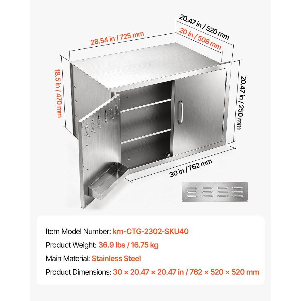 VEVOR Outdoor Kitchen Cabinet, 30"W x 20"H x 20"D, 3-Tier Storage Shelves, for BBQ Island Storage, Patio Bars and Grill Station, with Handle, Built-In BBQ Island Drawers Organize Cookware Accessories