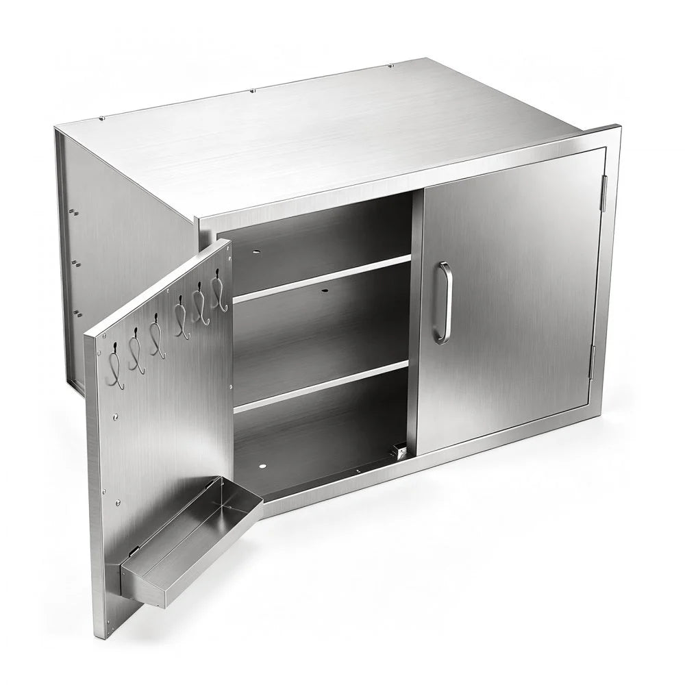 VEVOR Outdoor Kitchen Cabinet, 30"W x 20"H x 20"D, 3-Tier Storage Shelves, for BBQ Island Storage, Patio Bars and Grill Station, with Handle, Built-In BBQ Island Drawers Organize Cookware Accessories