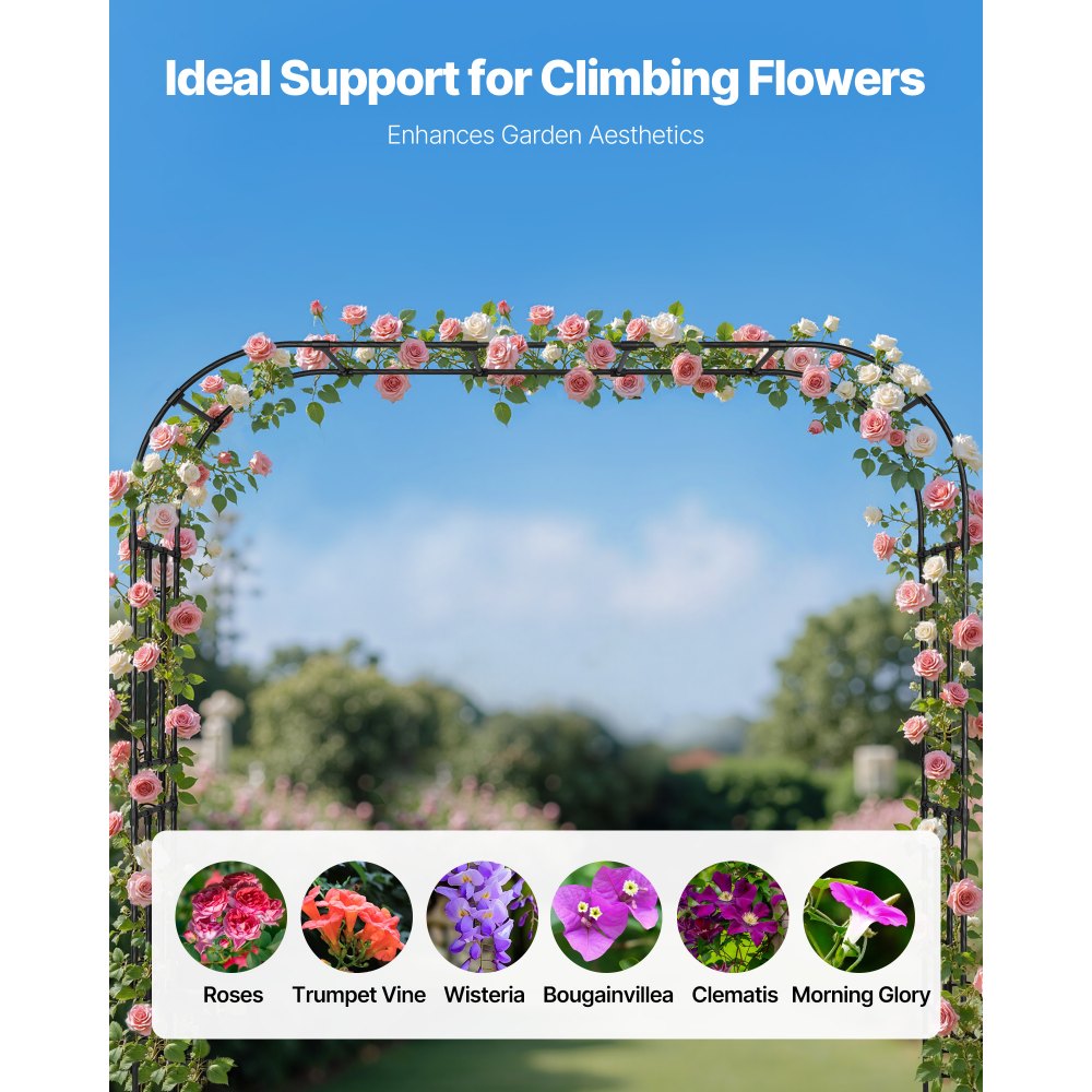 VEVOR Garden Arbor, 94.5 (H) x 98.5 (W) x 15.8 (D) in Metal Archway, Sturdy Outdoor Trellis Arch with Stakes, Easy to Assemble, Pergola Arbor for Plant Climbing Yard Lawn Wedding Party Decoration