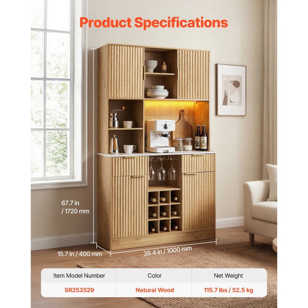 VEVOR Wine Cabinet, Coffee Bar Cabinet with 9 Wine Bottle Racks, Modern Buffet Sideboard with Glass Holder, LED Light, Charging Station, for Home Kitchen, Living Room, Dining Room, Natural Wood Finish